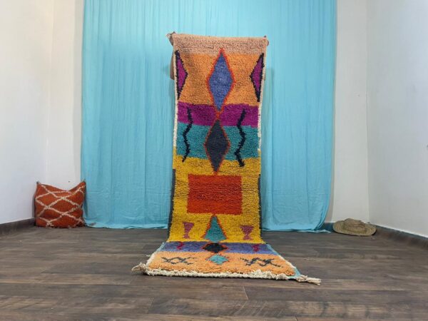 Gorgeous Green Runner Rug Decor Wool, Authentic Moroccan Berber Rug Colorful