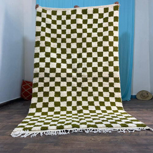 Large GREEN and white checkered rug, Moroccan Berber checkered rug, Checkered area rug-Checkerboard Rug beniourain rug, Soft black white Rug