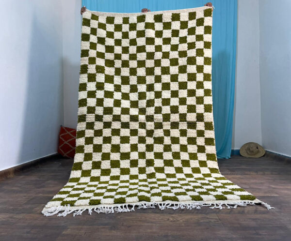 Large GREEN and white checkered rug, Moroccan Berber checkered rug, Checkered area rug-Checkerboard Rug beniourain rug, Soft black white Rug