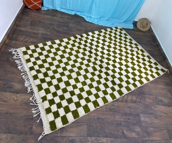 Large GREEN and white checkered rug, Moroccan Berber checkered rug, Checkered area rug-Checkerboard Rug beniourain rug, Soft black white Rug